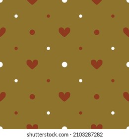Seamless vector pattern with love heart and dots on green background. Retro valentines day wallpaper design. Decorative wrapping paper fashion textile.