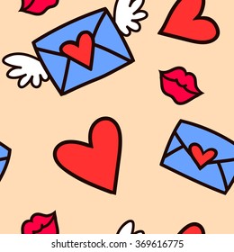 Seamless vector pattern with love letters, hearts and kisses