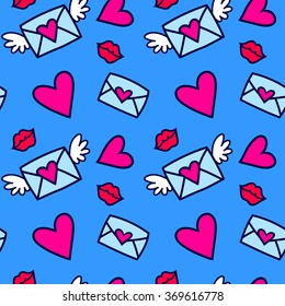 Seamless vector pattern with love letters, hearts and kisses