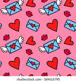 Seamless vector pattern with love letters, hearts and kisses