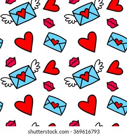 Seamless vector pattern with love letters, hearts and kisses
