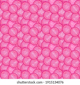 Seamless vector pattern with love and romance messages on pink love hearts