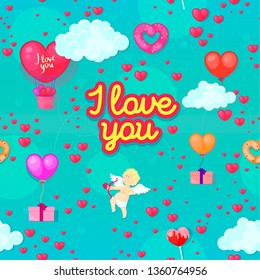 Seamless vector pattern with love symbols, hearts, cupids, gifts and inscription I love you