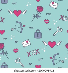 Seamless vector pattern with love symbols on blue background. Simple Valentin day wallpaper design. Decorative retro pop fashion textile.