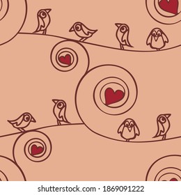 Seamless vector pattern with lovebirds on pink background. Romantic valentines day wallpaper design. Cute line art fashion textile.