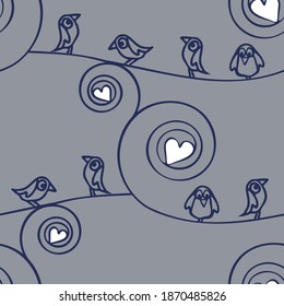 Seamless vector pattern with lovebirds on blue background. Simple line art wallpaper design for Valentines day. Romantic fashion textile.