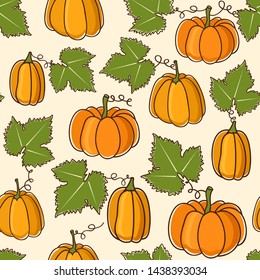 Seamless vector pattern with lovely pumpkins with leaves.
