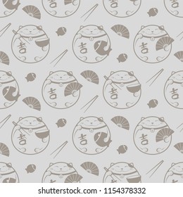 Seamless vector pattern with lucky Maneki-Neko cat, fan, fish and chopsticks