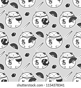 Seamless vector pattern with lucky Maneki-Neko cat, fan, fish and chopsticks