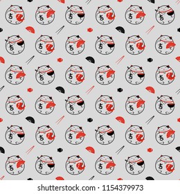 Seamless vector pattern with lucky Maneki-Neko cat, fan, fish and chopsticks