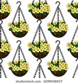 Seamless vector pattern of a lush basket overflowing with bright yellow primrose flowers and vibrant green leaves, suspended by a decorative black chain.