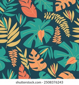 Seamless vector pattern with lush tropical leaves and flowers in green and yellow tones on a dark background. Ideal for fabric design, wallpaper and digital backgrounds.