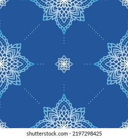 Seamless vector pattern with luxury floral mandala pattern. isolated on a blue background. A symbol of inner peace, meditation and of emotional healing. Perfect for printing on fabric or paper.