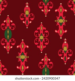Seamless vector pattern with luxury motif on red background. Simple antique royal wallpaper design. Decorative damask fashion textile.
