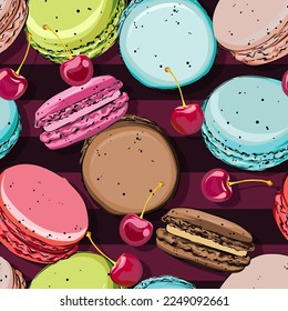 Seamless vector pattern. Macaron, cherry. Fruit pattern, baking, delicious food. Sweet menu
