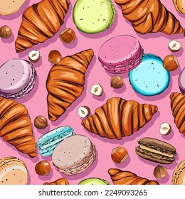 Seamless vector pattern. Macaron, croissant, nuts. Fruit pattern, baking, delicious food. Sweet menu