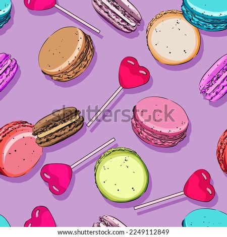 Seamless vector pattern. Macaron, lollipop, candy. Appetizing pattern, baking, delicious food. Sweet menu. childrens pattern background