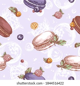 Seamless vector pattern with macarons, raspberries, blueberries and other berries. Sketchy hand drawing of sweets and desserts. Confectionery background.