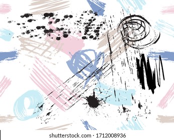 Seamless vector pattern made by hand drawn thin paint strokes. In happy pastel colors. Rainbow color on white background.