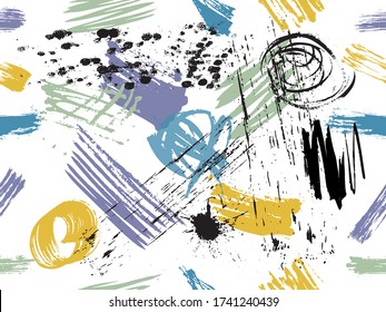 Seamless vector pattern made by hand drawn thin paint strokes. Artistic, modern, creative, fashion design. Rainbow color on white background.