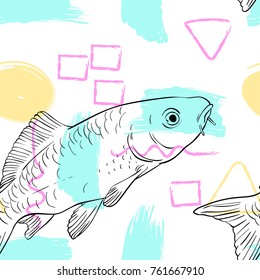 Seamless vector pattern made of carp fish sketched on abstract colorful background, Hand drawn continuous illustration
