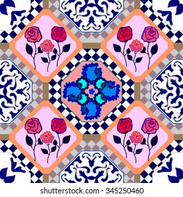 Seamless vector pattern made from colorful ceramic tiles with Moroccan ornaments and Art Nouveau style roses. Fusion interior tiles collection. Backgrounds & textures shop.