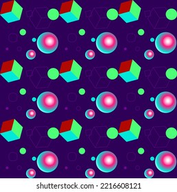 Seamless vector pattern made of funny cubes, balls and circles, bold, punchy forms and colors that demand attention, ideal geometry