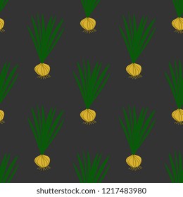 Seamless vector pattern made of hand made, artistic, yellow bow with green feather on a gray background. Botanical Appetizing Illustration. Beautiful tile, wrapper, cover, textile, postcard, wallpaper