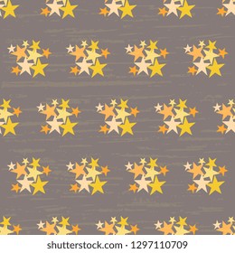 Seamless vector pattern made of hand, with yellow and orange stars on a dark purple background. Illustration with old antique structure. Beautiful tile, film, cover, textile, postcard, wallpaper.