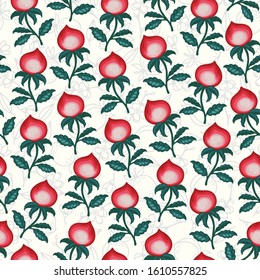 Seamless vector pattern made of hand drawn  decorative tree branch with a fruit. Bright and colorful Chinese style peaches on white background