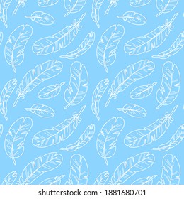 Seamless vector pattern made of hand drawn illustration of white feathers on light blue background for textile, wallpaper, decoration, poster, identity, card, invitation, banner, web or graphic design