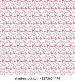 Seamless vector pattern made of handmade, artistic, with hearts of pink, purple flowers and green leaves on a white background.Illustration on St. Valentine's Day. Beautiful tile, wrapper, wallpaper