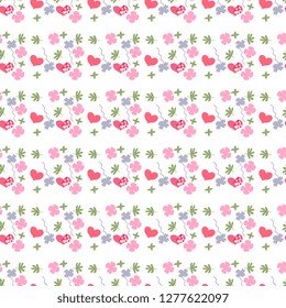 Seamless vector pattern made of handmade, artistic, with hearts of pink, purple flowers and green leaves on a white background.Illustration on St. Valentine's Day. Beautiful tile, wrapper, wallpaper