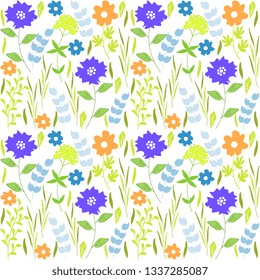 Seamless vector pattern made from hand-made with variegated flowers, leaves, natural elements on a white background. Spring Illustration. Beautiful tile, wrapper, cover, postcard, wallpaper design.