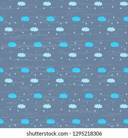 Seamless vector pattern made of handwork, with light blue stars and clouds on a dark blue background. Illustration with old antique structure. Beautiful tile, film, cover, textile, postcard, wallpaper