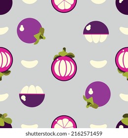 Seamless Vector Pattern Made Of Mangosteen. Ripe Asian Fruit. Illustration Of Mangosteen Fruits. Mangosteen Pattern For Greeting Cards, Wrapping Paper, Packaging, Fabric, Wallpaper.