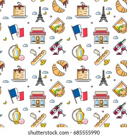 Seamless vector pattern made with modern linear illustrated icons. Cheese, wine and shopping traveling background