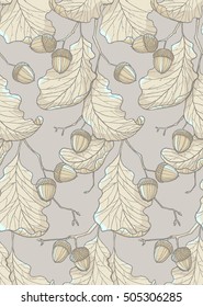 Seamless vector pattern made of oak branches and acorns, background for textile or wrap paper