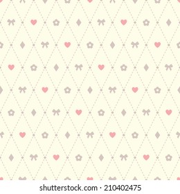 Seamless vector pattern made of pale pink and brown simple hearts, bows, flowers and argyle elements with dashed line and dots. Soft colors romantic background. 