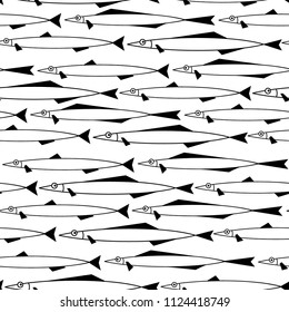 Seamless vector pattern made of regularly arranged simple fish.