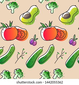 Seamless vector pattern made of simple handdrawn illustrations in freehand style. Cute and simple veggie images made in modern linear style. Tomato, avocado, broccoli design pattern good for print 