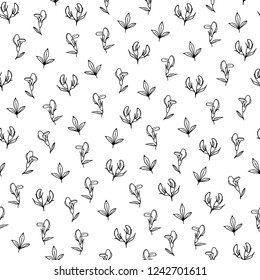 Seamless vector pattern made of small sketchy Vicia cracca flowers scattered on white background. Monochrome floral design for web or print.