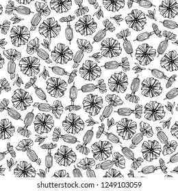 Seamless vector pattern made of small sketchy Silene latifolia flowers scattered on white background. Monochrome floral design for web or print.