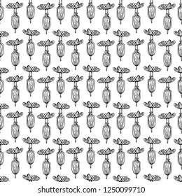Seamless vector pattern made of small sketchy Silene latifolia flowers arragned in a row on white background. Monochrome floral design for web or print.
