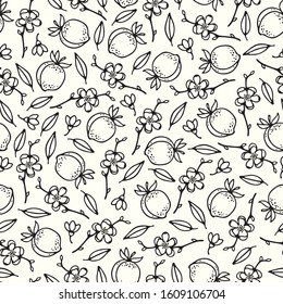 Seamless vector pattern made of tiny black hand drawn decorative fruits, leaves and flowers