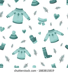 Seamless vector pattern made up of warm clothes for autumn and winter. Designed for printing, postcards, stickers, textiles, fabric and wrapping paper