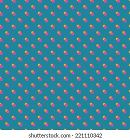 Seamless vector pattern made of yellow circles and pink squares on blue background. Simple minimalistic geometric background. 