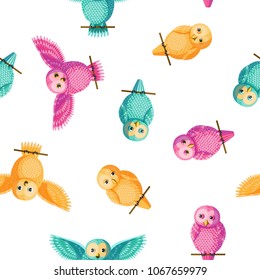 Seamless vector pattern with magenta cyan yellow owls. Repetitive background with vector birds turquoise, pink, golden yellow colors. Cute funny owls in the repetitive seamless vector pattern.