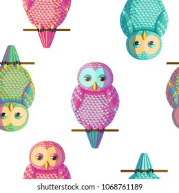 Seamless vector pattern with magenta cyan yellow owls. Repetitive background with vector birds turquoise, pink, golden yellow colors. Cute funny owls in the repetitive seamless vector pattern.