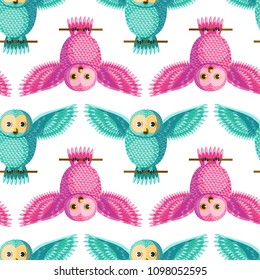 Seamless vector pattern with magenta, cyan owls spreading wings. Repetitive background with multicolored vector birds. Cute funny owls in the repetitive seamless vector pattern.